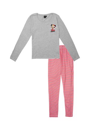 Maglietta grigia a maniche lunghe con grafica di Minnie Mouse e pantaloni del pigiama a righe rosse, realizzati in tessuto morbido e dotati di una vita elastica.