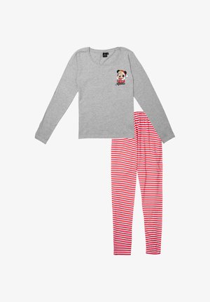 Maglietta grigia a maniche lunghe con grafica di Minnie Mouse e pantaloni del pigiama a righe rosse, realizzati in tessuto morbido e dotati di una vita elastica.