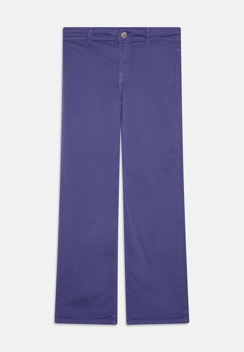 Pantalon droit bleu foncé uni avec fermeture avant à boutons et zip, passants pour ceinture et poches latérales sur fond uni.