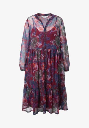 Langärmliges, durchscheinendes Kleid in Burgunderrot mit floralen Mustern, ausgestattet mit einem knöpfbaren Ausschnitt und einem gestuften Rüschensaum. Leichte Stoffqualität.