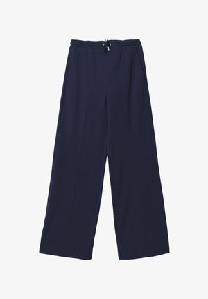Marineblauwe wijde broeken met een elastische tailleband en trekkoord, met zijzakken en een gladde textuur.