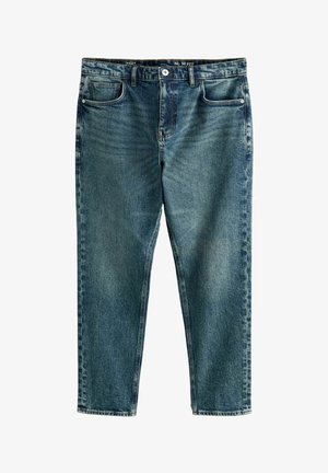 Donkerblauwe denim jeans met een klassiek vijf-pocket ontwerp, rechte pijpen, vervaagde textuur en contrasterende gele stiksels.