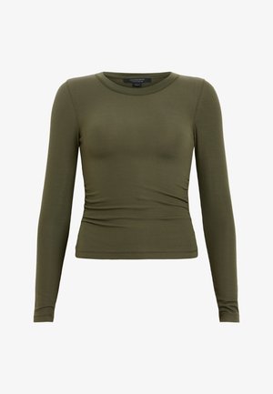 Langärmliges Oberteil in Olivgrün, gefertigt aus geripptem Material. Verfügt über einen Rundhalsausschnitt und eine figurbetonte Silhouette mit leichtem Rüschen an den Seiten.