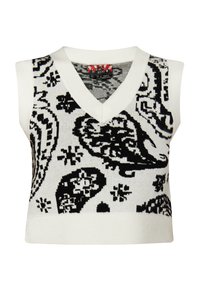 Pulover tricotat fără mâneci, cu decolteu în V. Prezintă un model paisley alb-negru pe un fundal crem. Textură moale, tiv cu nervuri.