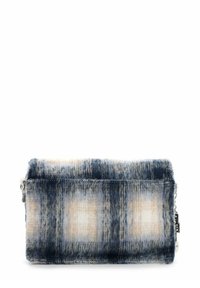 Borsa a pochette in misto lana blu e crema con motivo a quadri. Presenta una chiusura con zip e una texture liscia, con una forma rettangolare compatta.