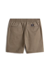 Khaki-Shorts mit einem elastischen Bund, zwei Gesäßtaschen und einem kleinen Markenschild, aus weichem, flexiblen Stoff.