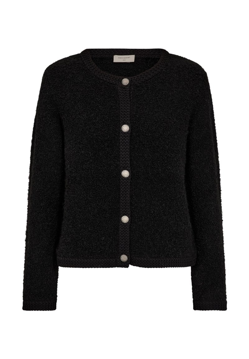 Zwarte, gestructureerde cardigan met lange mouwen, ronde halslijn en vijf decoratieve, ronde knopen aan de voorkant.