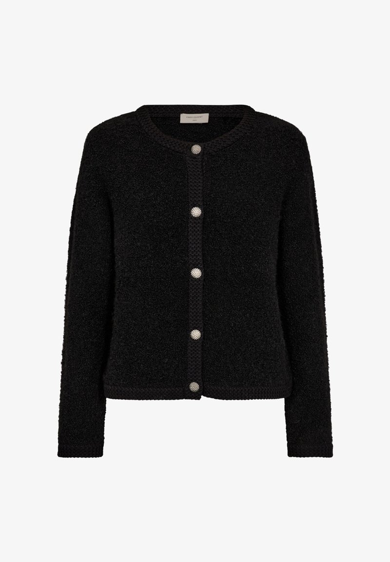 Zwarte, gestructureerde cardigan met lange mouwen, ronde halslijn en vijf decoratieve, ronde knopen aan de voorkant.