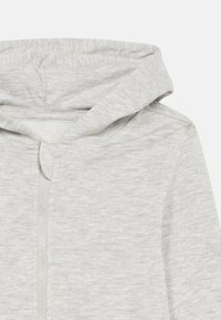 Hanorac cu fermoar, de culoare gri deschis, realizat dintr-un material moale și texturat. Are glugă, fermoar frontal și detalii minime de coasere.