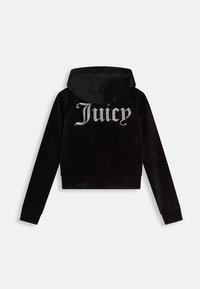 Fekete bársony cropped kapucnis pulóver, húzózsinórral. A hátrészén strasszköves "Juicy" felirat található, sima textúrával és testhez simuló mandzsettákkal.
