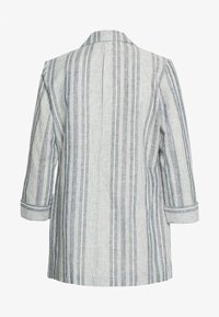 Long-sleeve blazer with vertical white and gray stripes, featuring a collar and cuffed sleeves, shown from the back.