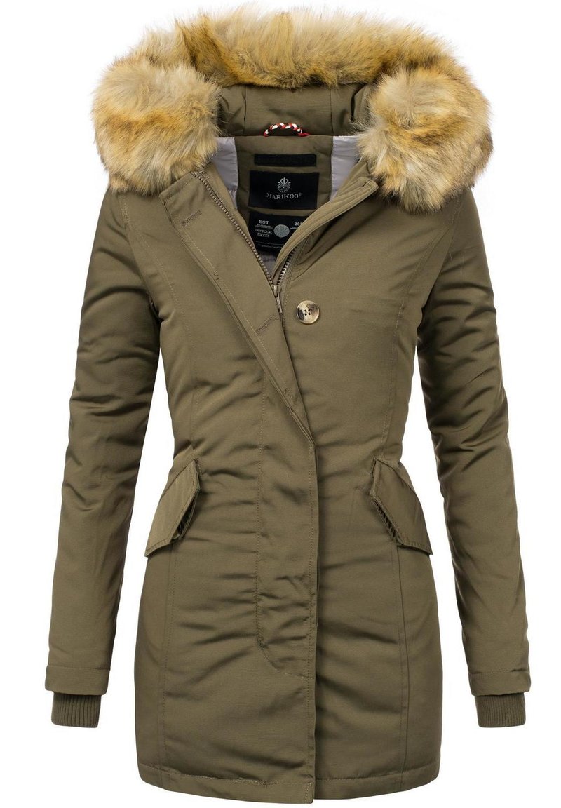 Olive green parka jacket with a faux fur hood, featuring a zipper and button closure, side pockets, and quilted texture.