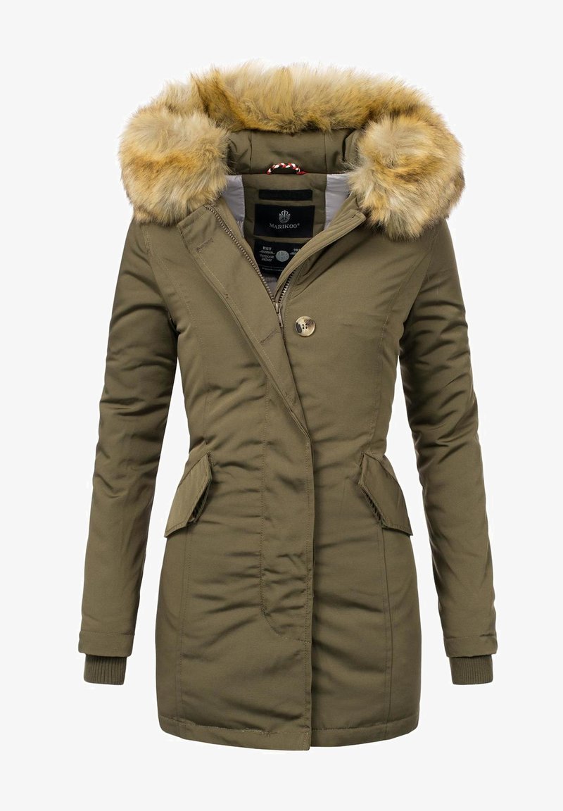 Olive green parka jacket with a faux fur hood, featuring a zipper and button closure, side pockets, and quilted texture.