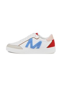 White sneakers with gray suede accents, blue fuzzy "M" logo, red heel, and light pink tongue. Smooth leather upper and rubber sole.