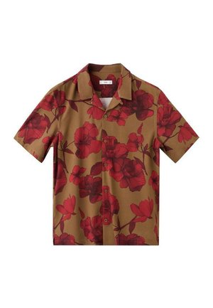 Camicia a maniche corte con bottoni in tessuto marrone, caratterizzata da un grande motivo floreale rosso. Colletto con risvolto, patta con bottoni frontali, vestibilità rilassata.