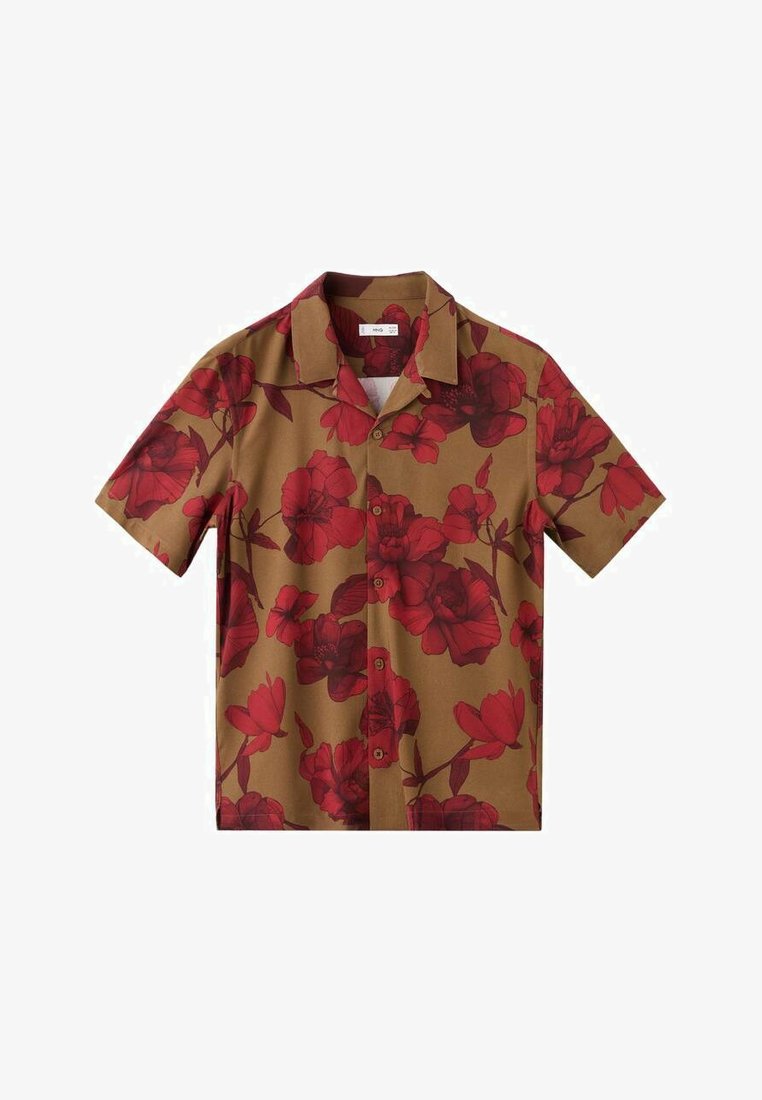 Camicia a maniche corte con bottoni in tessuto marrone, caratterizzata da un grande motivo floreale rosso. Colletto con risvolto, patta con bottoni frontali, vestibilità rilassata.
