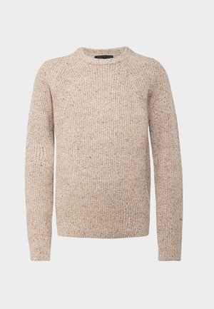 Beige sweater with a textured knit, round neckline, and long raglan sleeves. Features small colorful flecks throughout the fabric.