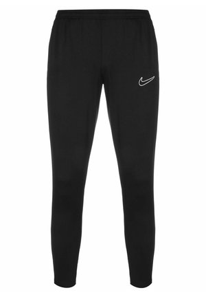Schwarze, schmal zulaufende Sporthose mit elastischem Bund und weißem Nike-Swoosh-Logo am oberen Oberschenkel.