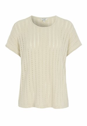 Cremafarbenes Stricktop mit kurzen Ärmeln, strukturierten vertikalen Spitzenmustern und rundem Ausschnitt.