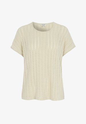 Cremafarbenes Stricktop mit kurzen Ärmeln, strukturierten vertikalen Spitzenmustern und rundem Ausschnitt.