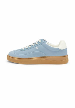 Light blue suede sneaker with white laces and heel tab, tan rubber sole, and "HUGO" logo on the side.