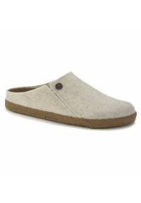 Beige felt clog with a rounded toe, a side button accent, and a textured cork sole, featuring a smooth upper and soft interior lining.