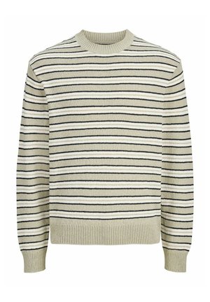 Beiger, gestrickter Pullover mit langen Ärmeln und schwarzen sowie weißen horizontalen Streifen, gerippter Rundhalsausschnitt, Bündchen und Saum.