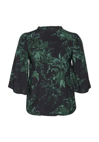 Top nero con motivo floreale verde, dotato di scollatura rotonda e maniche a sbuffo. Tessuto morbido con una leggera lucentezza e dettagli arricciati al collo.