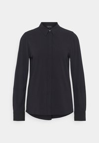 Camicia a maniche lunghe di colore nero unito, con colletto classico, apertura a bottoni sul davanti e polsini aderenti, realizzata in un tessuto leggero e liscio.