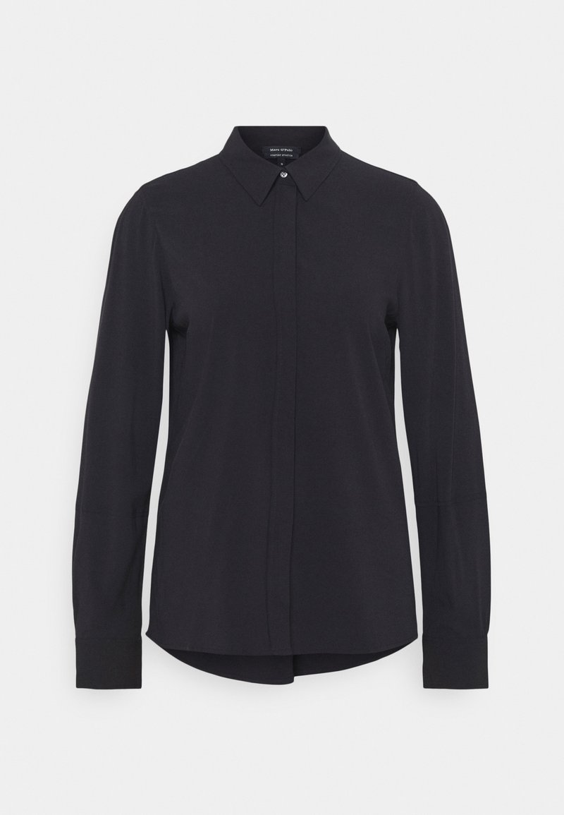 Camicia a maniche lunghe di colore nero unito, con colletto classico, apertura a bottoni sul davanti e polsini aderenti, realizzata in un tessuto leggero e liscio.