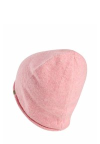 Różowa czapka beanie z dzianiny o gładkiej fakturze, zwężającym się kształcie i małej metce z logo z boku. Posiada bezszwowy design i miękkie wykończenie.