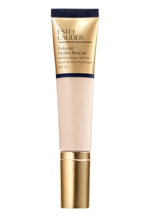 Estee Lauder Futurist Hydra Rescue - putkello, kerma väri, kullan- ja laivaston sininen korkki. Sisältää kosteuttavaa meikkiä ja SPF 45 -aurinkosuojaa.