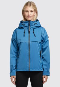 Blue waterproof jacket with a zip front, adjustable hood, and two side pockets. Features a contrasting panel across the chest.