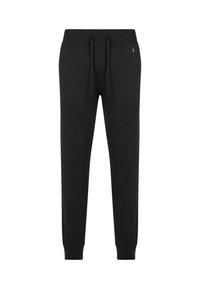 Pantalones de chándal negros confeccionados en un tejido suave, con cinturilla elástica y cordón, piernas ajustadas y un diseño minimalista.