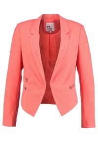 Blazer corail à coupe ajustée, fermeture à un bouton et poches latérales zippées. Confectionné en tissu texturé, avec un col à revers cranté.