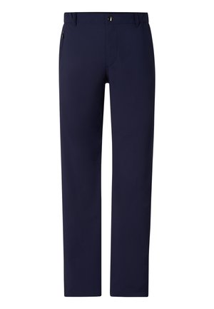 Marineblauwe broek met rechte pijpen, riemlussen, drukknoop aan de voorkant, ritssluiting en een zijritszak aan de rechterkant.