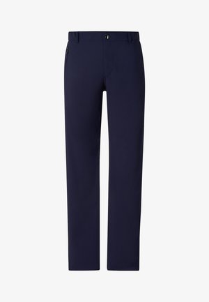 Marineblauwe broek met rechte pijpen, riemlussen, drukknoop aan de voorkant, ritssluiting en een zijritszak aan de rechterkant.