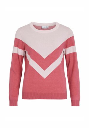 Maglione rosa e crema con un motivo a zig-zag, maniche lunghe e colletto rotondo. Tessuto a maglia con polsini e orlo a costine.