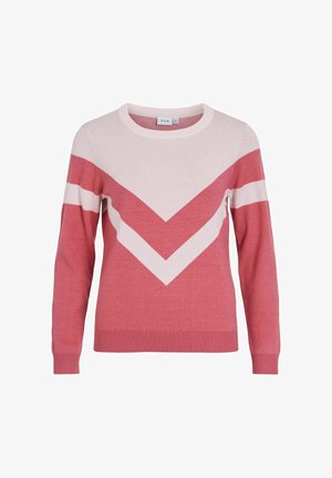 Pink and cream sweater with a chevron pattern, long sleeves, and a round neck. Knit texture with ribbed cuffs and hem.