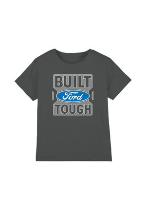Dunkelgraues T-Shirt mit dem Schriftzug "BUILT TOUGH", der ein blaues ovales Ford-Logo auf der Vorderseite umgibt.
