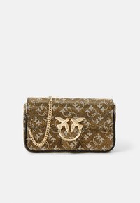 Brown patterned handbag with gold chain strap and bird-shaped hardware. Features a textured exterior and contrasting black edges.