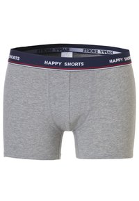 Grijze katoenen boxershorts met een marineblauwe elastische tailleband met de tekst "HAPPY SHORTS" en rode accentstrepen.