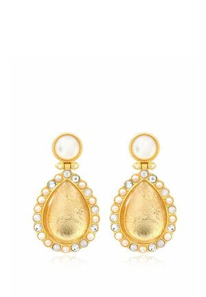 Boucles d'oreilles goutte en or avec un centre texturé, entourées de perles alternées et de pierres précieuses transparentes, surmontées de clous ronds en perle.