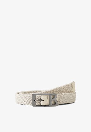 Beige woven fabric belt with a silver rectangular buckle featuring a cut-out letter B on a white background.