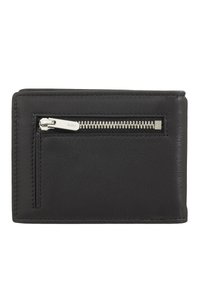 Black leather wallet featuring a zippered pocket, smooth texture, and stitched edges. Compact rectangular design for cards and cash.