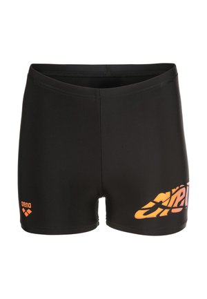 Sorte badeshorts med orange "arena" logo på venstre lår og stiliseret orange tekst på højre lår.
