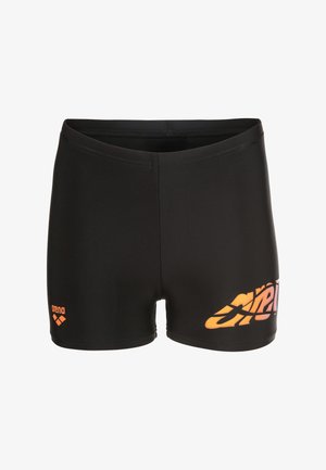 Sorte badeshorts med orange "arena" logo på venstre lår og stiliseret orange tekst på højre lår.