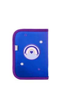 Purple and blue fabric zippered folder features a rainbow design with stars and a heart, textured accents in soft, durable material.