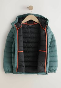 Green padded jacket with a black interior, featuring orange trim along the zipper and pockets. Designed with a hood and elastic cuffs.