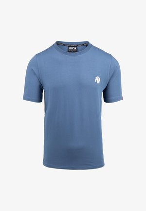Blauw T-shirt met korte mouwen van zachte katoen. Heeft een ronde halslijn en een klein wit logo op de linkerkant van de borst. Eenvoudig ontwerp.